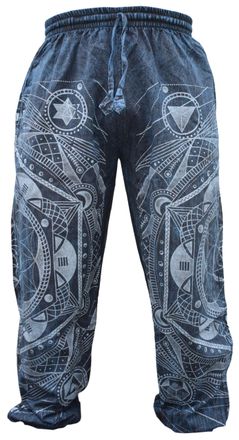 Gheri Mens Stone Washed Boho Print Harem Trousers Elastic Waist Beach Pants Blue S/M