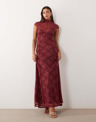 Asos vestito lungo in pizzo con fodera a contrasto color prugna-Multicolore