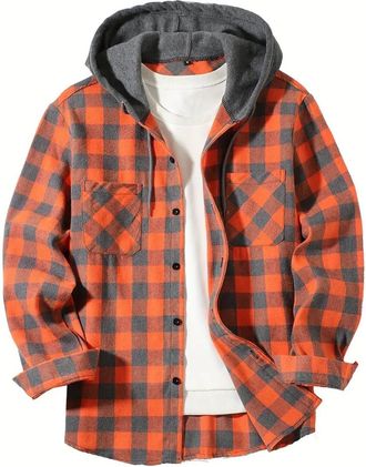 Generic Mens Plaid Hoodies Button Long Sleeve Drawstring Checked Shirt Jackets with Pockets Lightweight Casual Fashion Loose Fit Comfort Fall Hoodie plaid cot