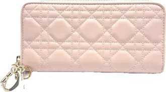 Dior Lady Dior Pink Beige Leather Long Wallet (Bi-Fold) (Pre-Owned)