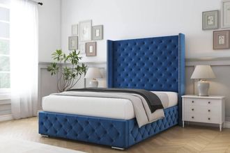 Comfort Beds Emily Plush Bed Frame With Mattress-50 Upholstered Wingback in Navy | Size: Single