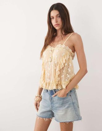 Miss Selfridge Canotta in pizzo ricamato con volant color ecru-Bianco