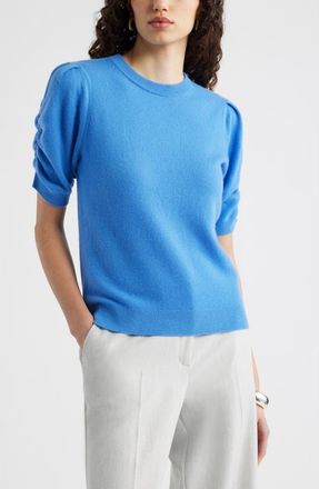 Nordstrom Ruched Short Sleeve Cashmere Sweater in Blue Stream at Nordstrom, Size Xx-Small