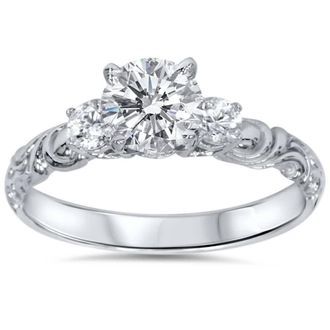 Pompeii3 3/4ct Vintage 3 Stone Diamond Engagement Ring 14K White Gold Size Selectable