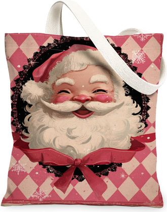 Generic Christmas Santa Canvas Tote Bags, Festive Design Reusable Grocery Bags, Vintage Lightweight Washable Shoulder Strap for Out, Peach, 13x15 Inch