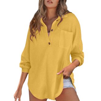 Generic Moisture Wicking Clothing Knit Tunic Tops for Women UK Oversized Solid Color Button T Shirts With Pocket Classic Loose Fit Long Sleeve Pullover Blouse