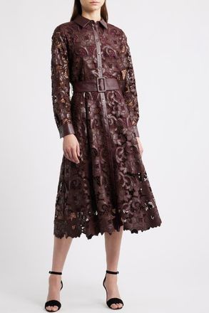 Elie Tahari Chayenne Long Sleeve Faux Leather & Lace Shirtdress in Noir Berry Red at Nordstrom, Size 8