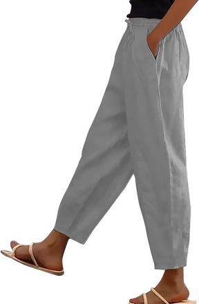 Generic Womens Cotton Linen Pants UK Summer Casual Solid Color Trousers Dressy Trendy Drawstring High Waist Pants Lightweight Comfy Going Out Straight Leg Cap