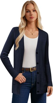 Grace Karin Women Elegant Winter Cable Knit Cardigans Slim Fit Long Sleevess Button-up Knitwear Navy Blue XL