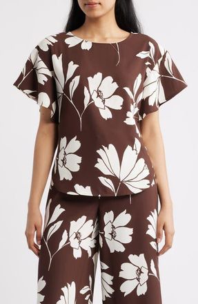 Anne Klein Floral Flutter Sleeve Top in Dark Choclate/Whte at Nordstrom, Size Medium