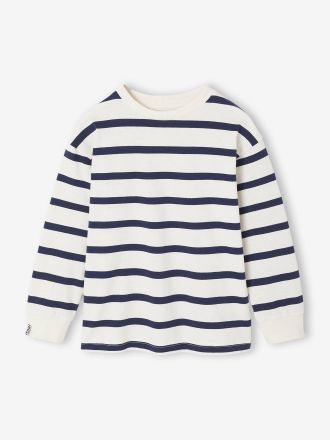Vertbaudet Gestreiftes Jungen Rundhals-Shirt mit Recycling-Baumwolle wollwei&szlig;