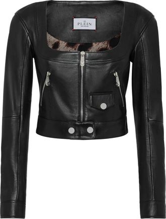 Philipp Plein Vintage Leren Cropped Jas - Dames - Leren en Su&egrave;de Jassen - Zwart - M - Leer - Jassen