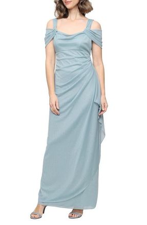 Alex Evenings Cold Shoulder Ruffle Glitter Chiffon Gown in Ice Sage at Nordstrom, Size 12