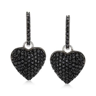 Ross-Simons Black Spinel Heart Drop Earrings in Sterling Silver
