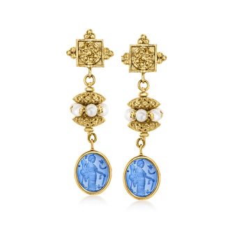 Ross-Simons Italian Tagliamonte Blue Venetian Glass and 4-4.5mm Cultured Pearl Drop Earrings in 18kt Gold Over Sterling