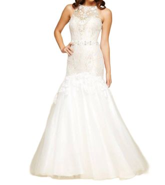 Mac Duggal Trumpet Ball Gown With Lace In Ivory/nude