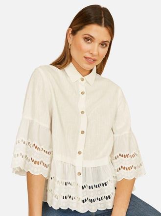 Yumi 34 Sleeve Relaxed Scallop Trim Shirt in White at Nordstrom, Size 12