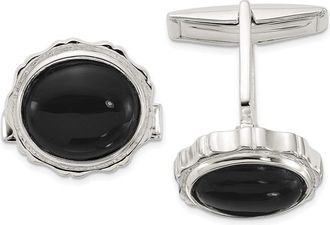 Diamond2Deal Sterling Silver Polished Round with Textured Sides Onyx Cuff Links