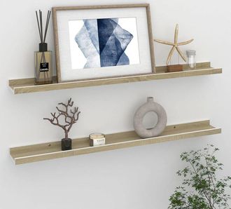 vidaXL Wall Shelf Set of 2 White and Sonoma Oak MDF 31.5 x 3.5 x 1.2 in