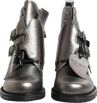 Dolce & Gabbana Metallic Silver Leather Buckle Ankle Boots Mens Shoes