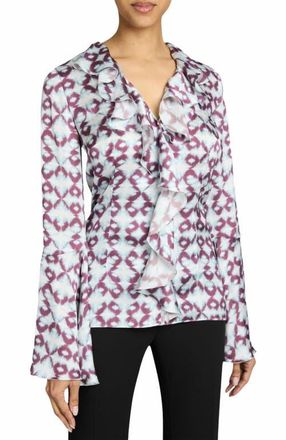 Santorelli Sydney Long Sleeve Button Down Blouse with Ruffles in Graphic Printed Charmeuse in Ocean Mist at Nordstrom, Size 4