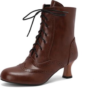 Generic Womens Round Toe PU Leather Short Boots Kitten Heel Vintage Victorian Boot Lace Up Ankle Boots with Side Zipper,Brown,10.5 UK