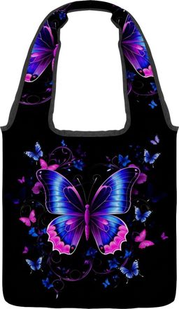 Generic Neon Butterfly Reversible Canvas Shoulder Tote - Double-Sided Print, 12oz Cotton, 27cm Drop, Fold-Flat Bag for Travel, Shopping, Street Outings
