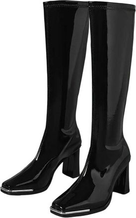 Generic Women Patent Leather Boots Square Toe Block Heel Back Zipper Winter Knee High Boot