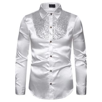 Generic Mens Shiny Satin Sequins Button Dress Shirts Long Sleeve Slim Fit Disco Party Prom Wedding Costume n9 White