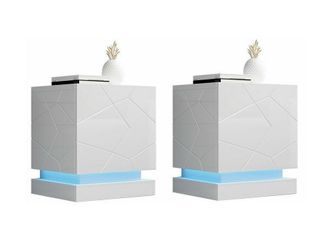 Mirjan24 Mobilier1 - Conjunto De Mesitas De Noche Charlotte 187, Blanco + Blanco Brillante, N&uacute;mero De Cajones: 0, N&uacute;mero De Puertas: 0, 53x46x42cm, Mdf, Led