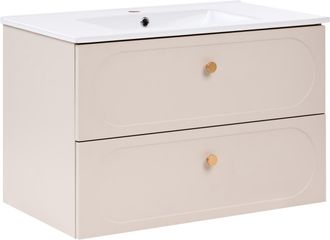 Beliani Mueble De Pared Para Ba&ntilde;o Con Lavabo 2 Cajones Tiradores Dorados Mueble Suspendido Beige Tarumir
