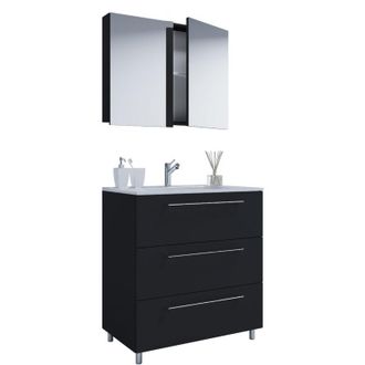ebuy24 Ebuy24 - vcm 3 pz Lavabo lavabo lavabo larghezza armadio inferiore 80 cm Mobili bagno in piedi con tre cassetti Mobile specchio Badinos (Nero)