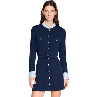 Sandro Cropped rib knit cardigan in Navy Blue at Nordstrom, Size X-Small