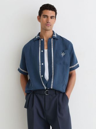 Reiss Blue Linen Embroidered Cuban-collar Shirt, Xxl