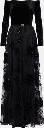 Elie Saab Abito lungo in tulle e velluto con ricamo