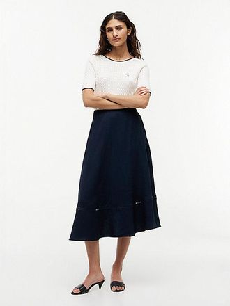 Tommy Hilfiger Logo Flare Midi Skirt With Linen