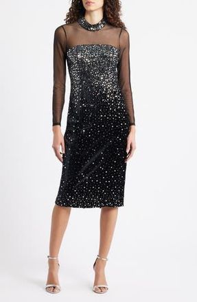 Eliza J Mixed Media Sequin Long Sleeve Cocktail Midi Dress in Black Silver at Nordstrom Rack, Size 18 (Similar To 14W)