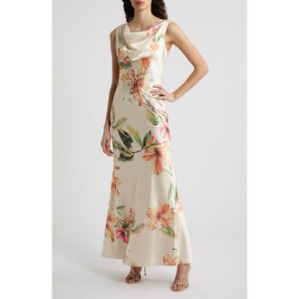 Eliza J Floral Cowl Neck Satin Gown in Champagne at Nordstrom, Size 14