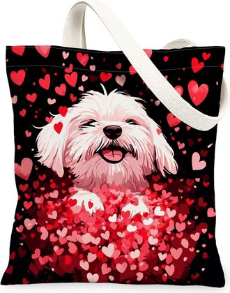Generic Valentines Day Poodle Dog Canvas Tote Bag for Shopping 13x15, Fun Heart Puppy Reusable Grocery Print Bag for Women, Lover Pet Beach Aesthetic Painting