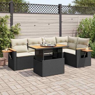 vidaXL Set Sof&aacute;s Jard&iacute;n Y Cojines 6 Pzas Rat&aacute;n Sint&eacute;tico Acacia Negro Vidaxl