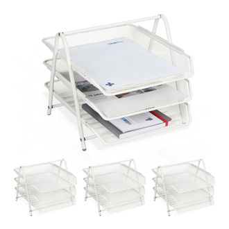 Relaxdays 4 Organizadores Oficina 3 Niveles, Bandeja Documentos Metal, Soportepara Papel A4, 26,5x29,5x 35,5 Cm, Blanco