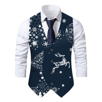 Generic Mens Christmas Printed Pocket Buttons Sleeveless V Neck Vest Jacket Suit Vest Rain Jacket Lightweight