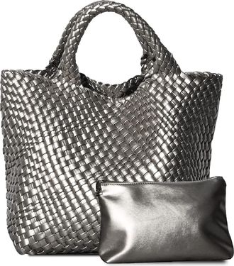 Generic Dyalsa Woven Bag for Women, Vegan Leather Tote Bag Large Summer Beach Handbag and Purse Retro Handmade Travel Shoulder Bag Set (Silver Grey)