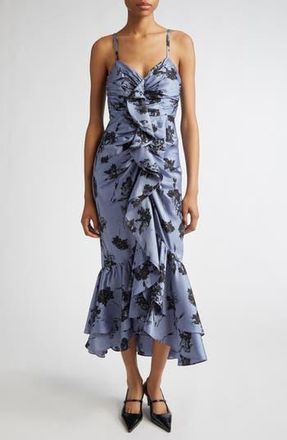 Cinq &agrave; Sept Akemi Cool Carnation Ruffle Detail Satin Dress in Rustic Blue Multi at Nordstrom Rack, Size 6