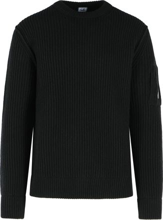 C.P. Company Black Crew Neck Sleeve Pocket Wool-Blend Sweater