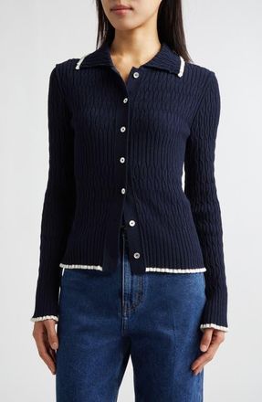 EENK Contrast Trim Pointelle Cable Knit Cardigan in Navy at Nordstrom, Size X-Small