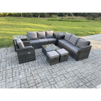 Fimous Fimous 9 Seater Outdoor Rattan Garden Furniture Set Conservatory Patio Sofa Coffee Table With Reclining Chair 2 Small Footstools 2 Side Tables Dark