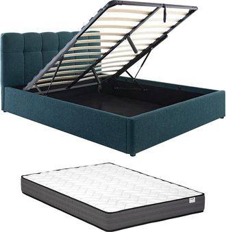 Vente-Unique Canap&eacute; abatible de 140 x 190 cm - Tela boucl&eacute; - Azul petr&oacute;leo + Colch&oacute;n - MAZIRI