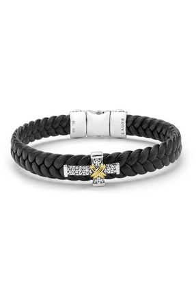 Lagos Mens Anthem Leather Cross Bracelet in Silver/gold at Nordstrom, Size 7.5