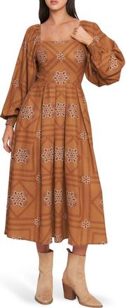 Flying Tomato Long Sleeve Print Midi Dress in Camel at Nordstrom Rack, Size Medium
